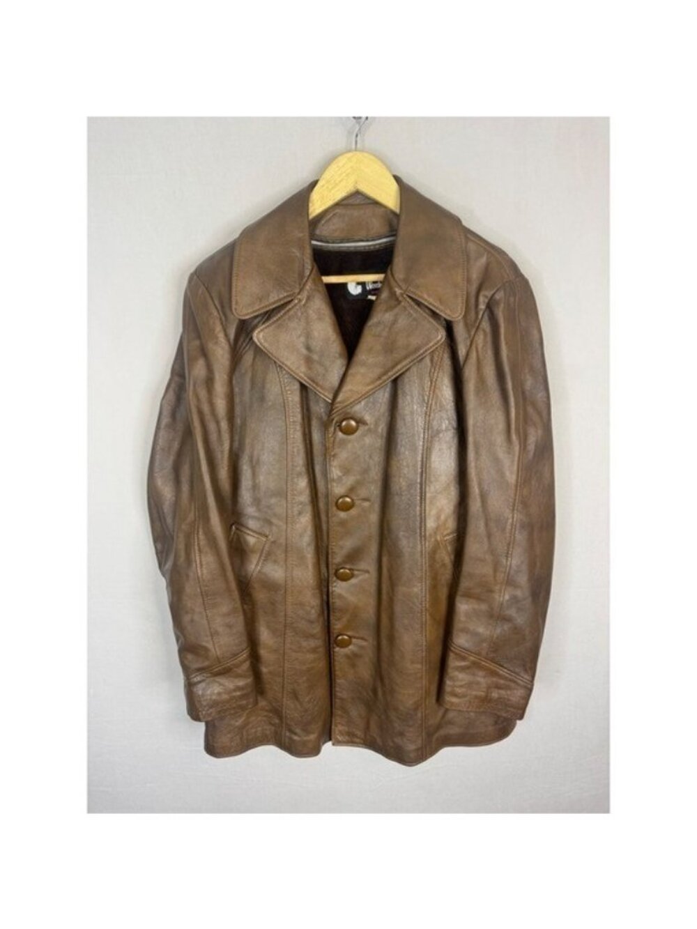 Vintage 70s Woodwards Mens Brown Leather Car Coat Faux Fur Lined Jacket Size 42